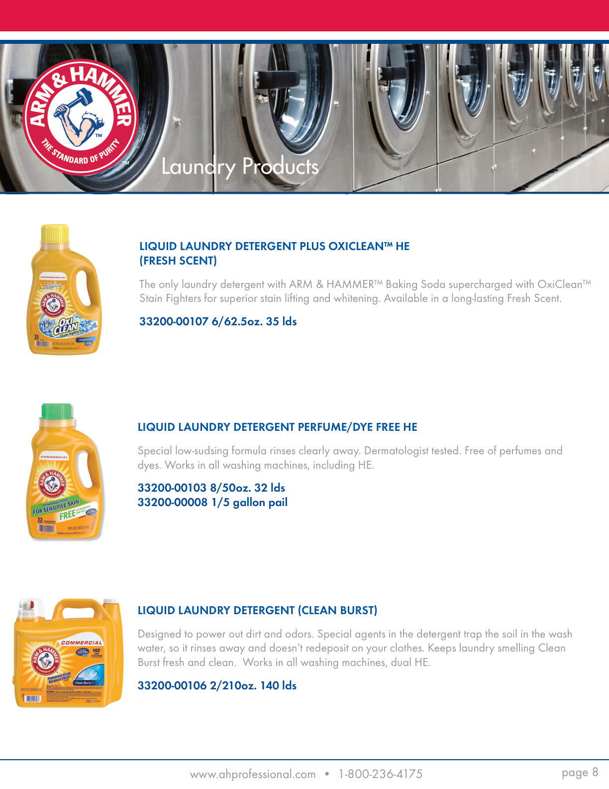 Arm & Hammer laundry products catalog page with products and order information