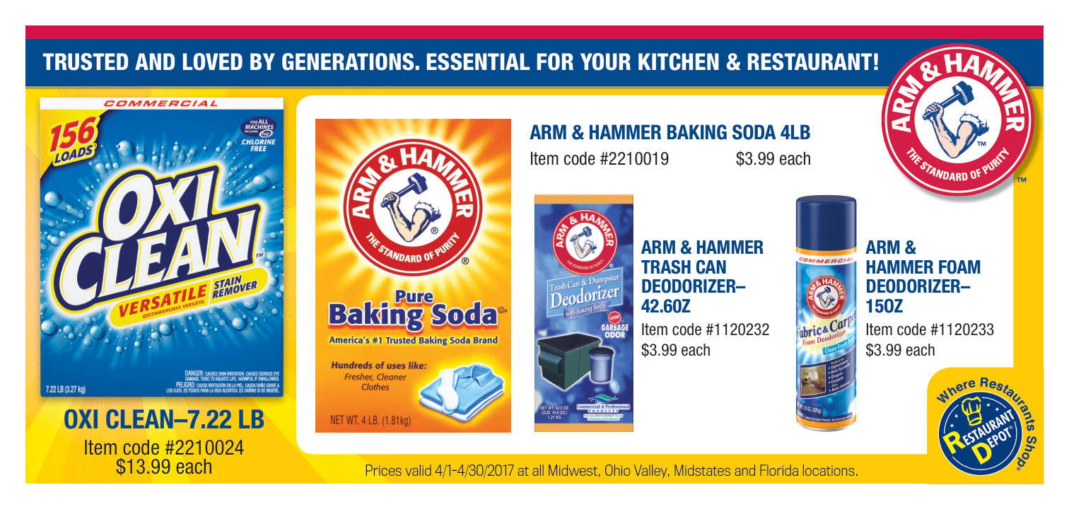 Arm & Hammer and OxiClean print advertisement with commercial cleaning products and promotional pricing