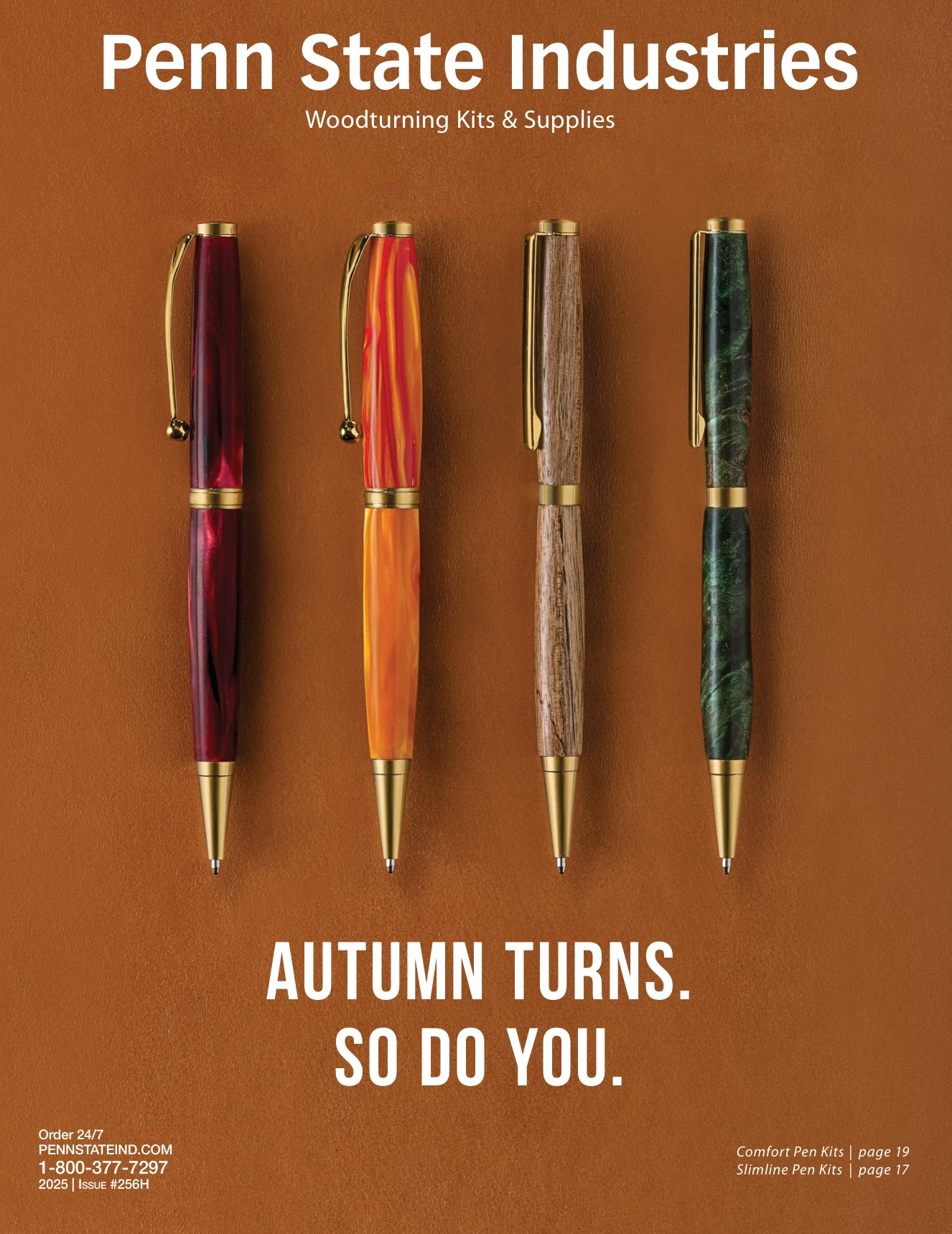 Four pens in a warm fall palette on a leather background