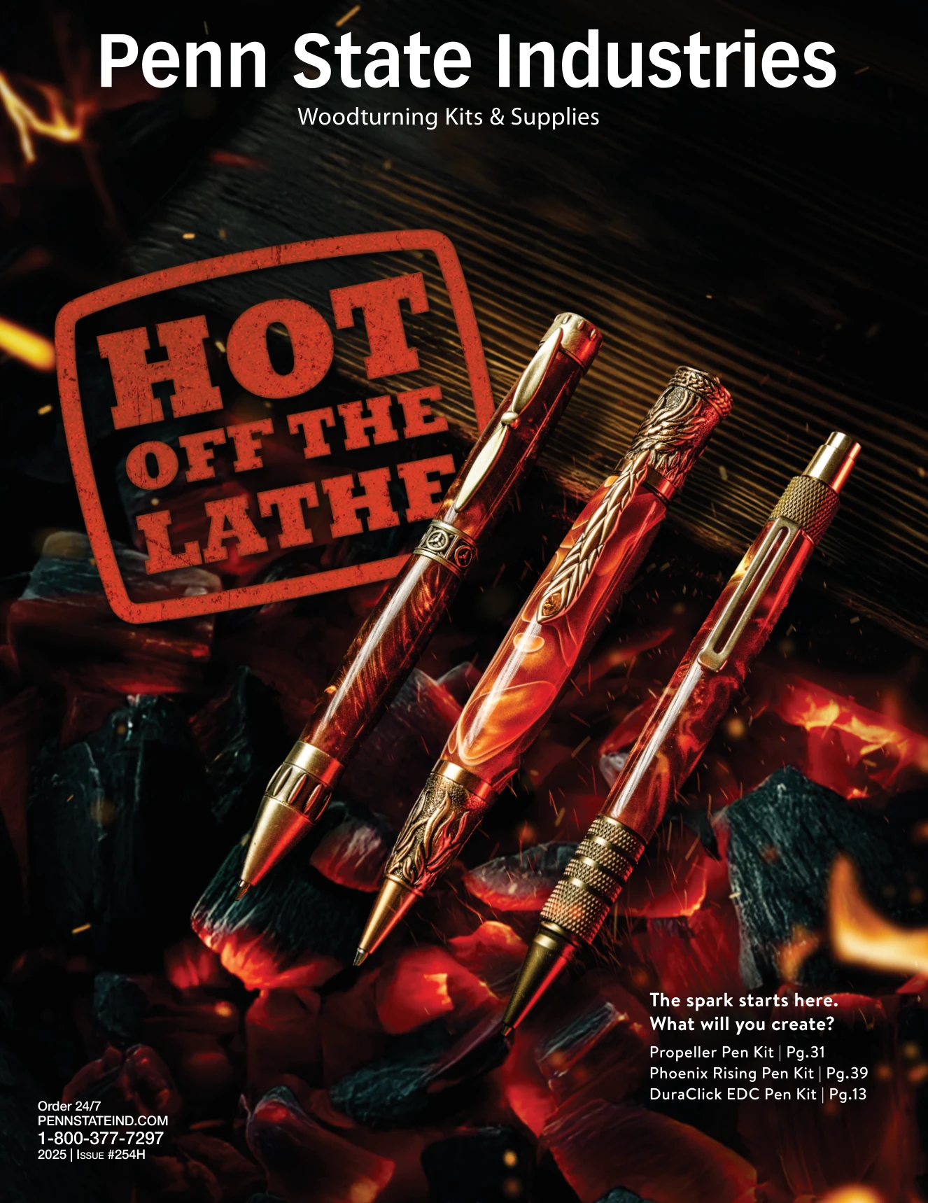 Three red pens above glowing coals on the Hot Off the Lathe cover