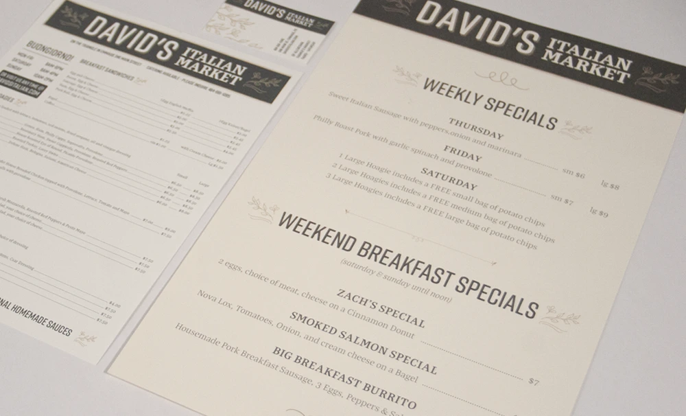 David’s Italian Market menu and weekly specials sheet