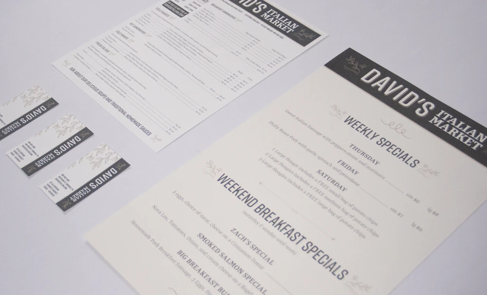 David’s Italian Market menus, specials and business cards