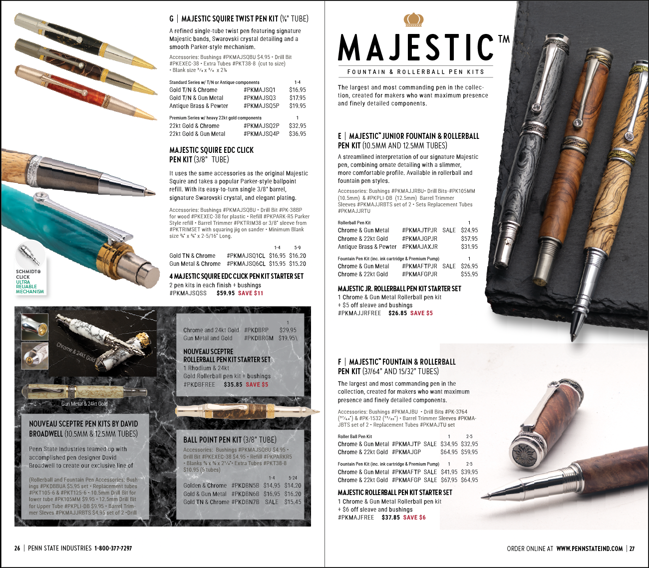 Majestic pen catalog spread with product photographs, descriptions, specifications and prices