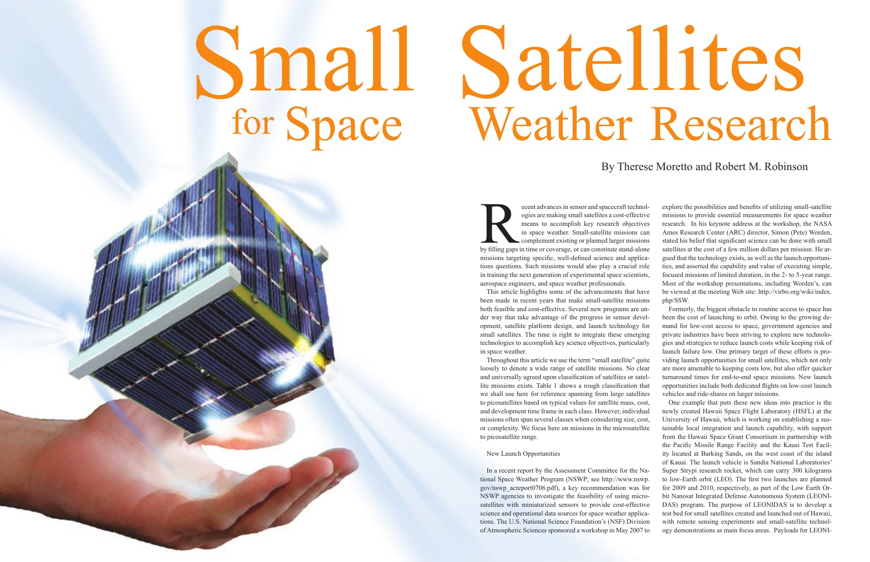 Small Satellites for Space Weather Research spread, featuring a satellite balanced above a fingertip