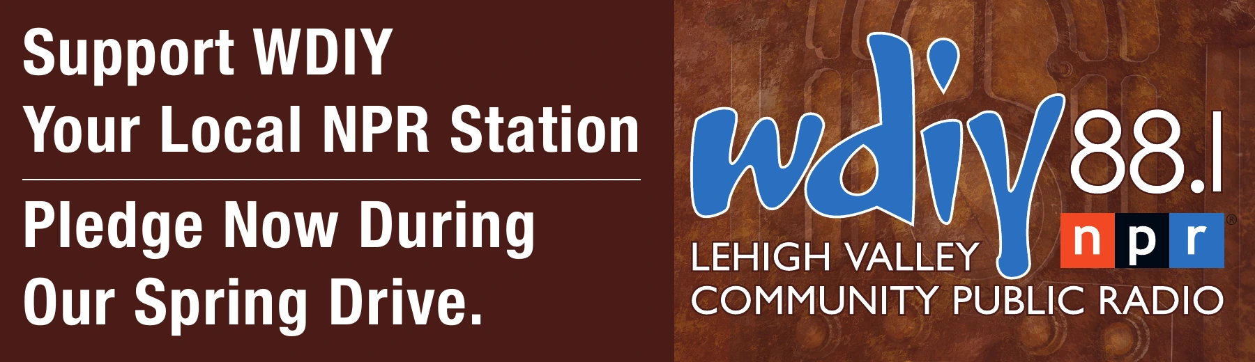 WDIY spring-drive billboard with a pledge message on the left and station branding on the right
