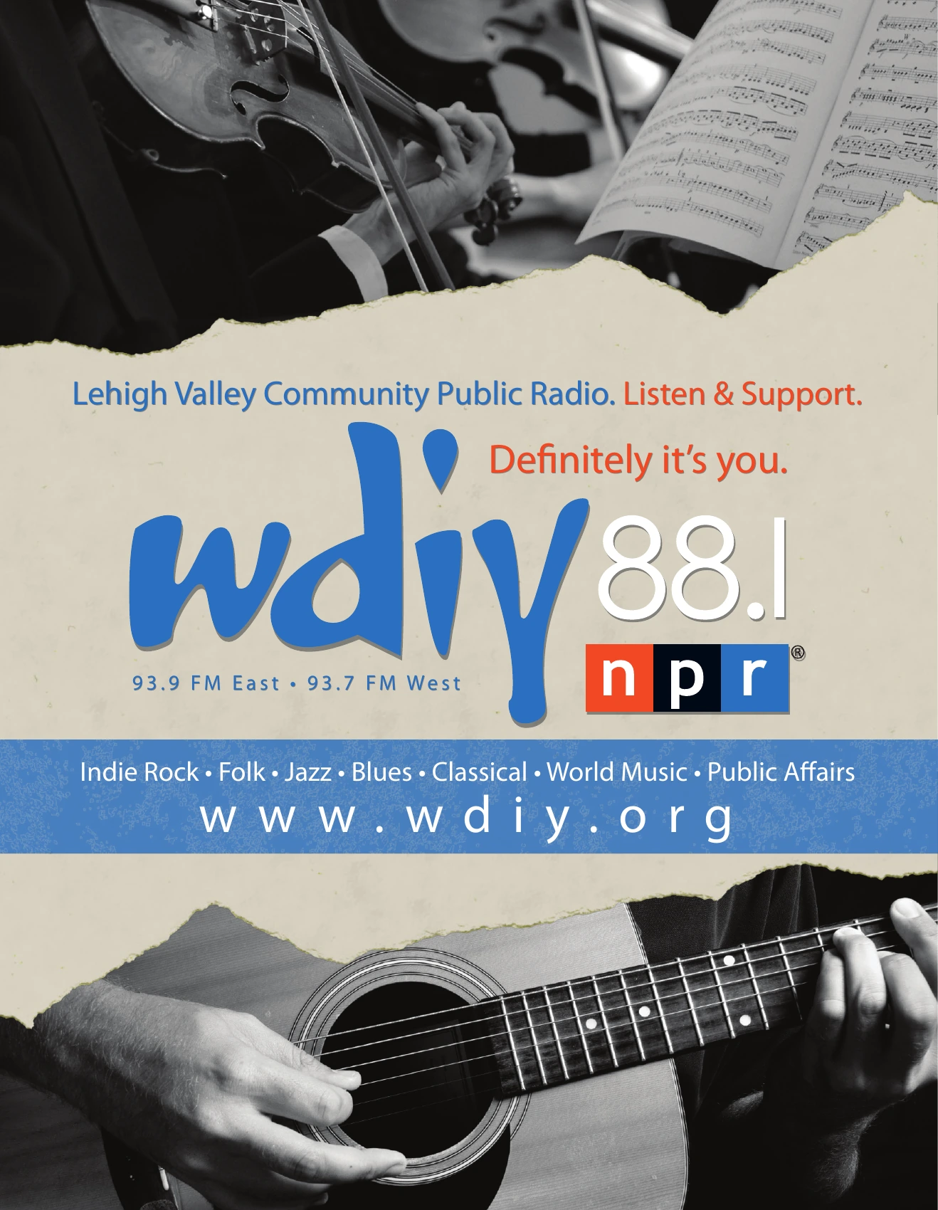 WDIY station print advertisement with performance photography and torn-paper graphics
